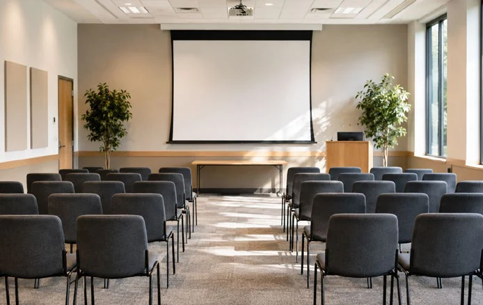 Prepared seminar room with chairs and presentation screen
